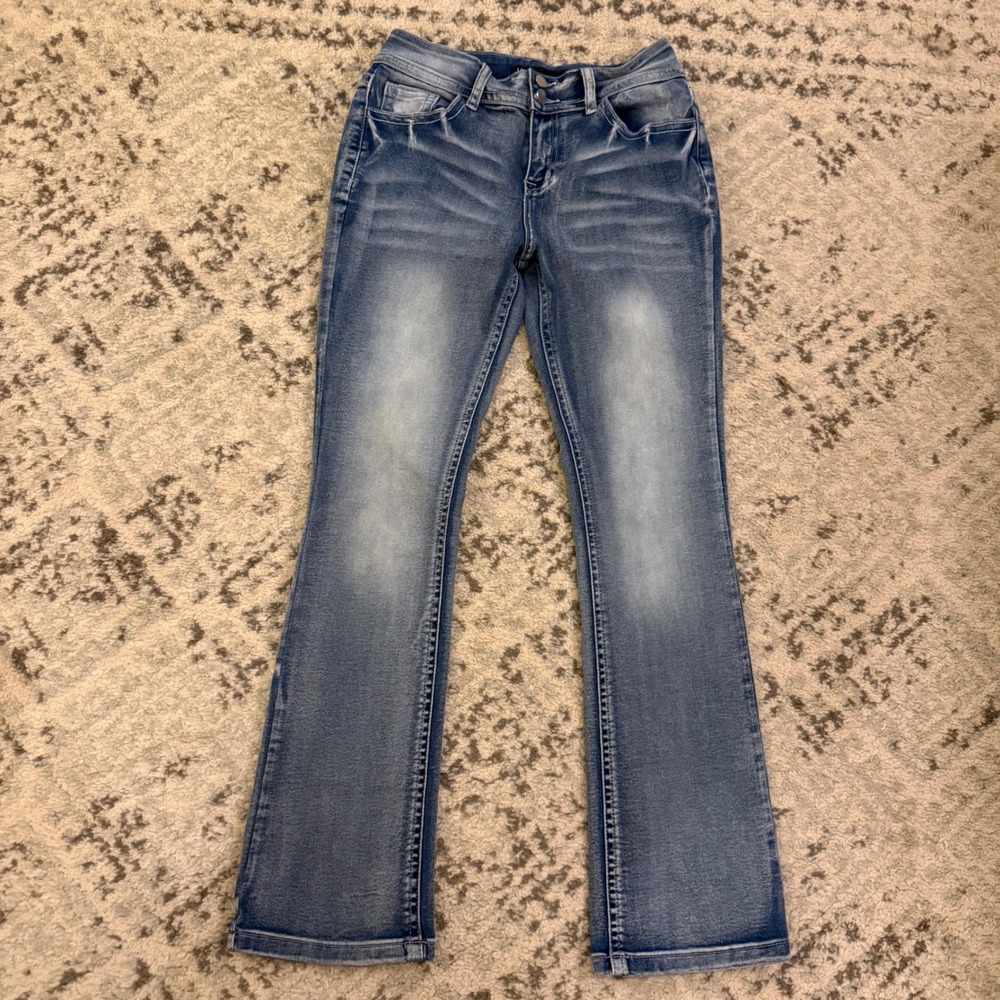 Flamingals Women Medium Wash Bootcut Jeans Double Button Whiskered Distressed M